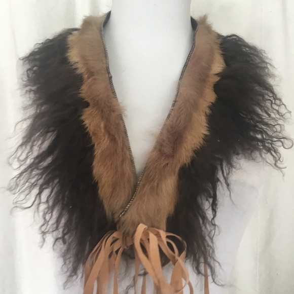 Kiskissay Jackets & Blazers - Real Rabbit Fur Wrap / Collar / Belt – Brown Tibetan Style Fur